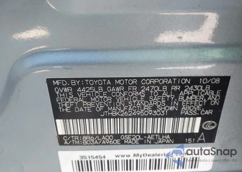 2009 Lexus Is 250 z USA, uszkodzony, nr VIN JTHBK262495093031